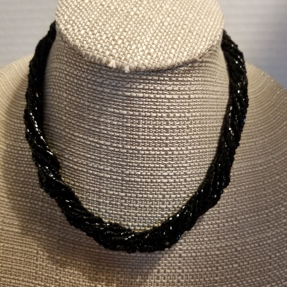 Vintage 1960's black multistrand twisted seed bead necklace sixteen inch